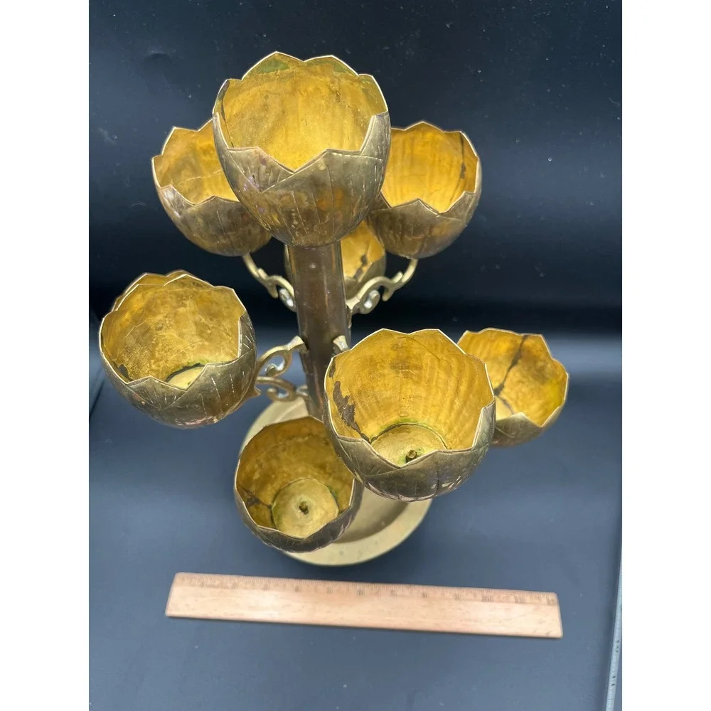 Rare Mid Century Feldman Lighting Brass 9 cup Lotus Flower Candelabra Tea Lights